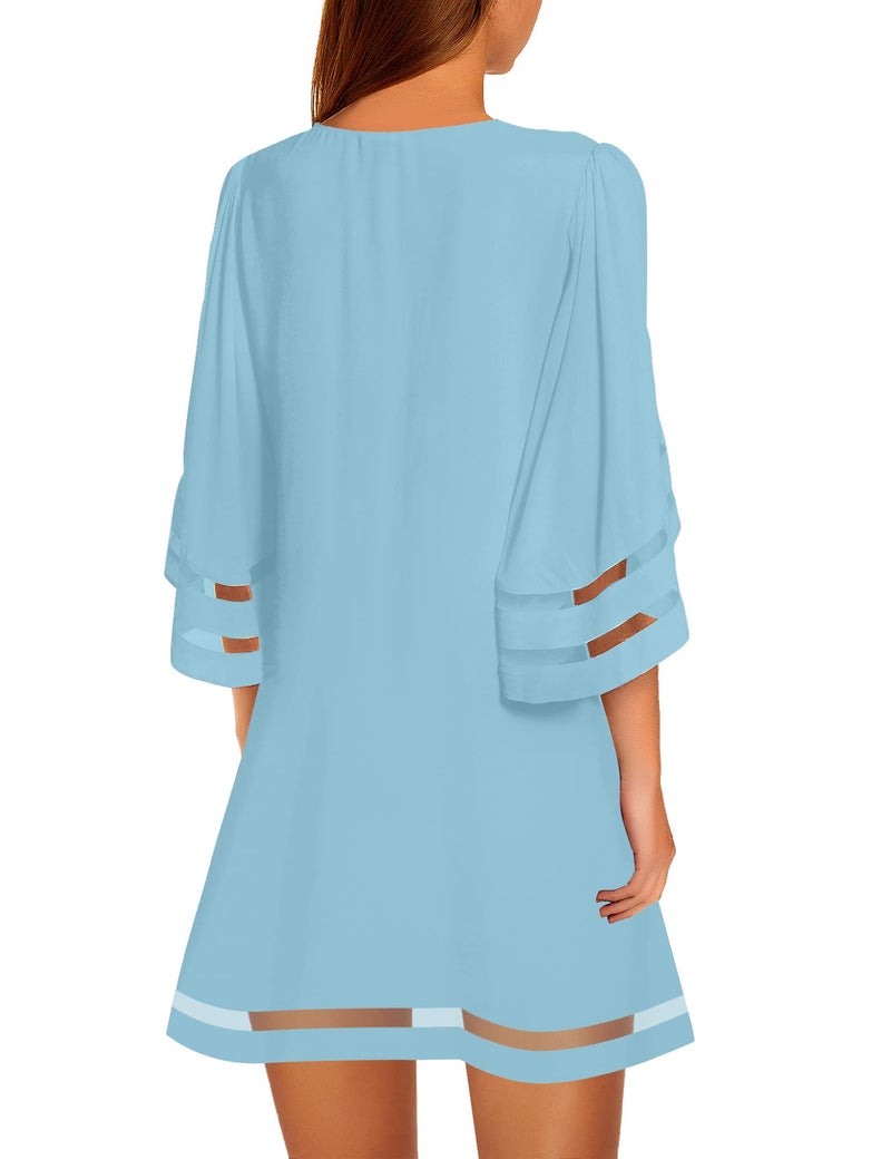 LookbookStore Women's Summer Tunic Dress - Crewneck 3/4 Sleeve, Bell Sleeve, Air Blue Light Blue Wedding Guest Dress Size M/8-10 - Image 2